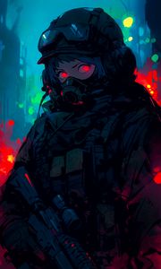 Preview wallpaper girl, gas mask, military, body armor, anime