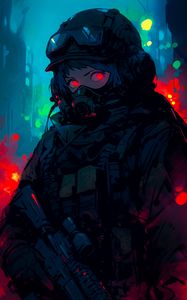 Preview wallpaper girl, gas mask, military, body armor, anime