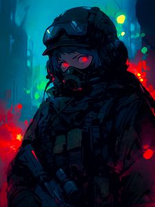 Preview wallpaper girl, gas mask, military, body armor, anime