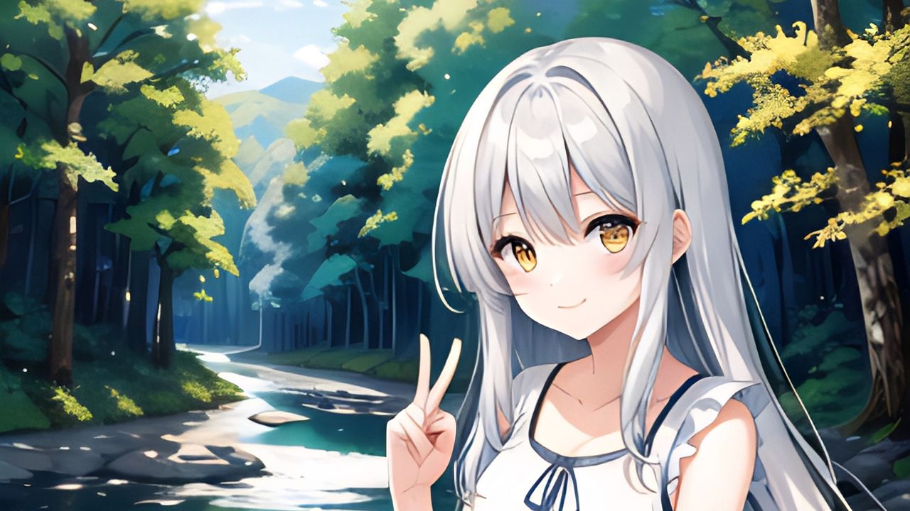 Wallpaper girl, gesture, forest, river, anime