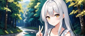 Preview wallpaper girl, gesture, forest, river, anime