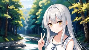 Preview wallpaper girl, gesture, forest, river, anime