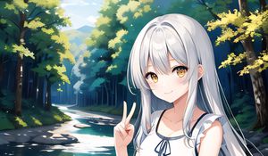 Preview wallpaper girl, gesture, forest, river, anime