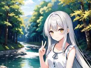Preview wallpaper girl, gesture, forest, river, anime