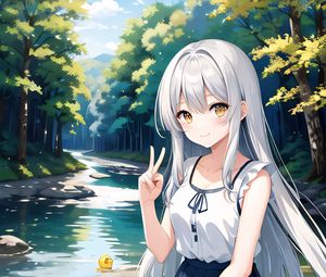 Preview wallpaper girl, gesture, forest, river, anime