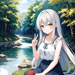 Preview wallpaper girl, gesture, forest, river, anime