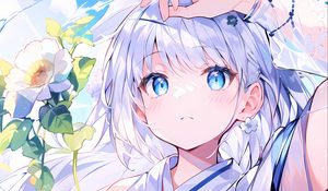 Preview wallpaper girl, gesture, kimono, flowers, white, anime