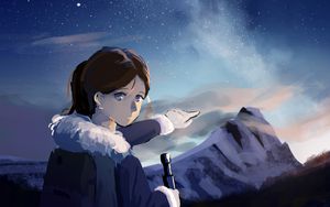 Preview wallpaper girl, gesture, mountains, night, free, anime