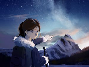 Preview wallpaper girl, gesture, mountains, night, free, anime