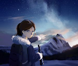 Preview wallpaper girl, gesture, mountains, night, free, anime