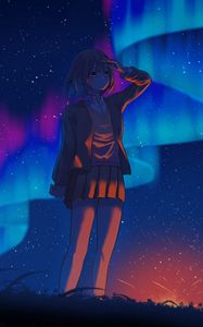 Preview wallpaper girl, gesture, northern lights, night, anime, art