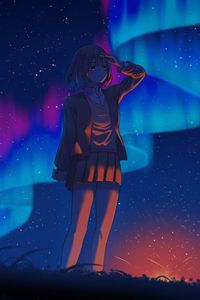 Preview wallpaper girl, gesture, northern lights, night, anime, art