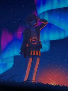 Preview wallpaper girl, gesture, northern lights, night, anime, art