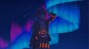 Preview wallpaper girl, gesture, northern lights, night, anime, art