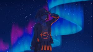 Preview wallpaper girl, gesture, northern lights, night, anime, art