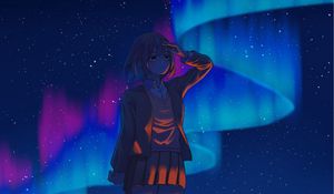 Preview wallpaper girl, gesture, northern lights, night, anime, art