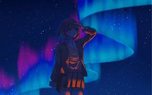 Preview wallpaper girl, gesture, northern lights, night, anime, art