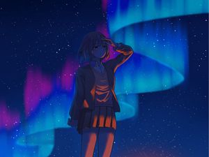 Preview wallpaper girl, gesture, northern lights, night, anime, art