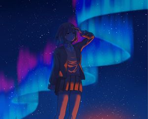 Preview wallpaper girl, gesture, northern lights, night, anime, art