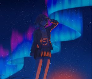Preview wallpaper girl, gesture, northern lights, night, anime, art