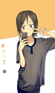 Preview wallpaper girl, gesture, phone, selfie, anime