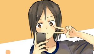 Preview wallpaper girl, gesture, phone, selfie, anime