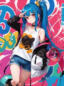 Preview wallpaper girl, gesture, shorts, graffiti, anime, art