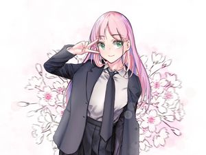 Preview wallpaper girl, gesture, smile, sakura, anime, art