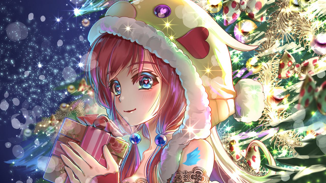 Wallpaper girl, gift, tree, toys, new year, anime