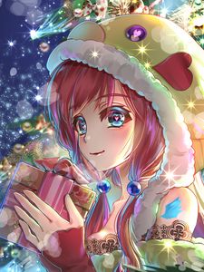 Preview wallpaper girl, gift, tree, toys, new year, anime