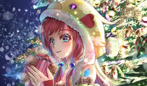 Preview wallpaper girl, gift, tree, toys, new year, anime