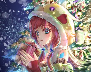 Preview wallpaper girl, gift, tree, toys, new year, anime