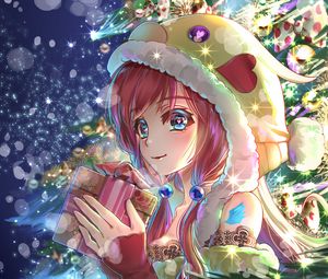 Preview wallpaper girl, gift, tree, toys, new year, anime