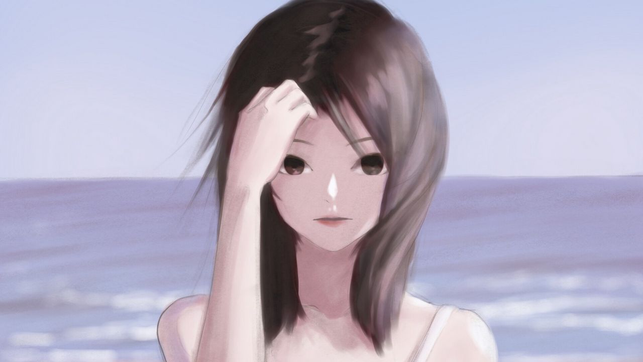 Wallpaper girl, glance, beach, anime, art