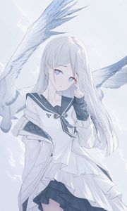 Preview wallpaper girl, glance, birds, wings, anime, art, white