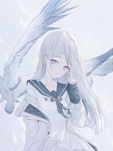 Preview wallpaper girl, glance, birds, wings, anime, art, white