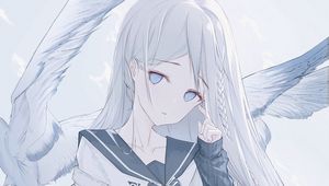 Preview wallpaper girl, glance, birds, wings, anime, art, white