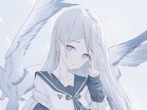 Preview wallpaper girl, glance, birds, wings, anime, art, white