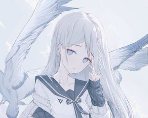 Preview wallpaper girl, glance, birds, wings, anime, art, white