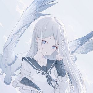 Preview wallpaper girl, glance, birds, wings, anime, art, white