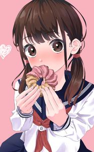 Preview wallpaper girl, glance, blush, donut, anime