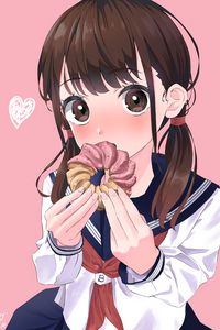 Preview wallpaper girl, glance, blush, donut, anime