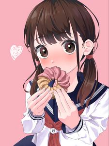 Preview wallpaper girl, glance, blush, donut, anime