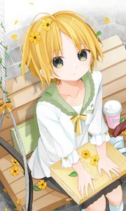 Preview wallpaper girl, glance, book, anime, art, yellow