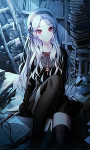 Preview wallpaper girl, glance, books, library, anime