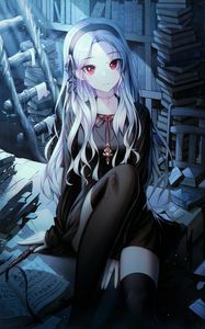 Preview wallpaper girl, glance, books, library, anime