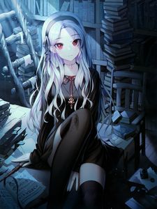 Preview wallpaper girl, glance, books, library, anime