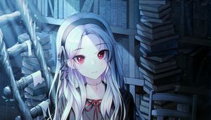 Preview wallpaper girl, glance, books, library, anime