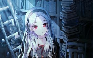 Preview wallpaper girl, glance, books, library, anime