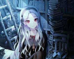 Preview wallpaper girl, glance, books, library, anime